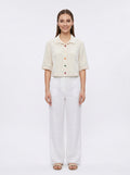 Folk Shirt | Cream Camp-Collar Rainbow Topstitch