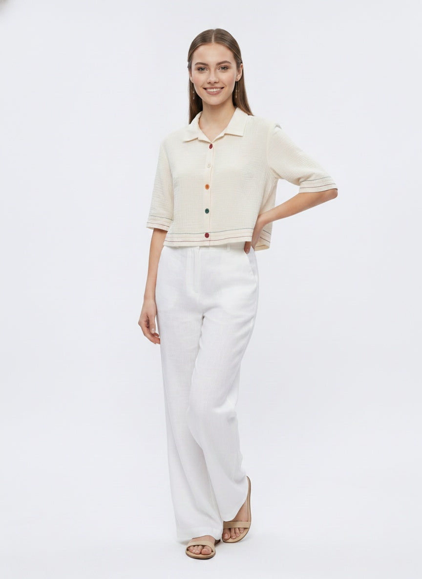Folk Shirt | Cream Camp-Collar Rainbow Topstitch
