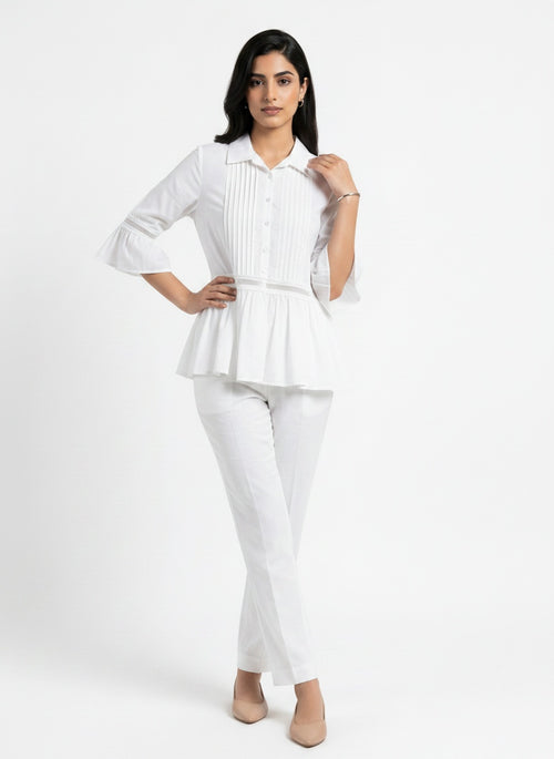 Elowen Blouse | White Pintuck Lace Peplum