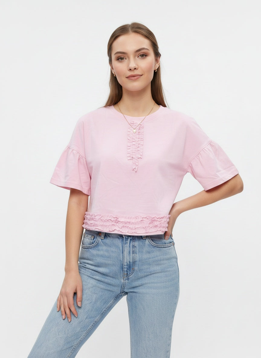 Posy Tee | Pink Ruffle Trim