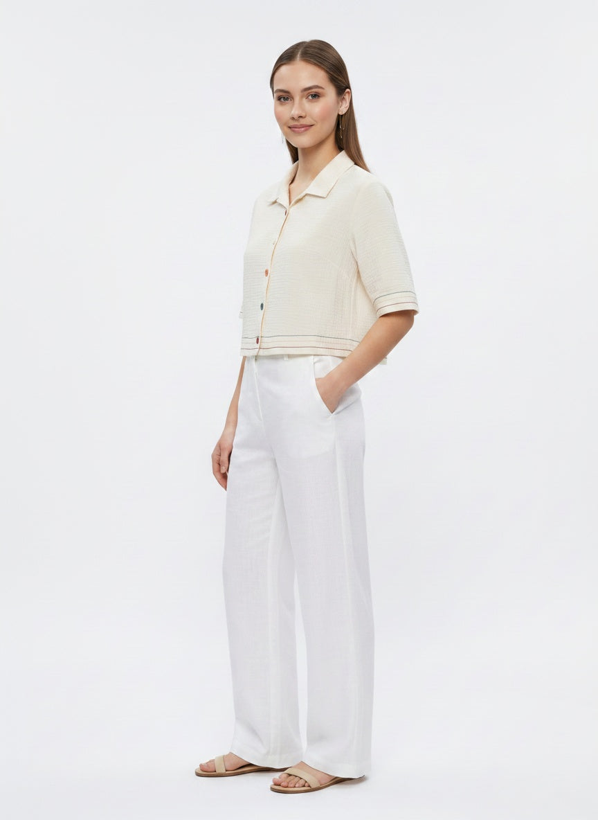Folk Shirt | Cream Camp-Collar Rainbow Topstitch