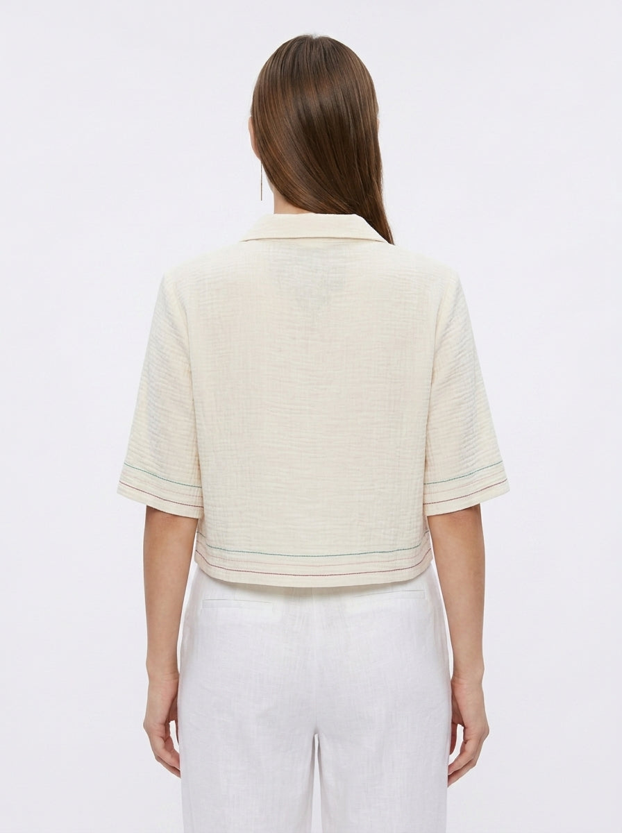 Folk Shirt | Cream Camp-Collar Rainbow Topstitch