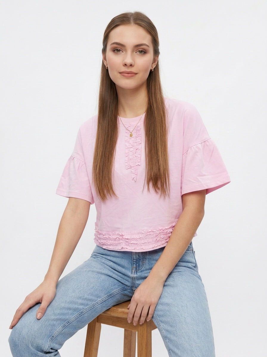 Posy Tee | Pink Ruffle Trim