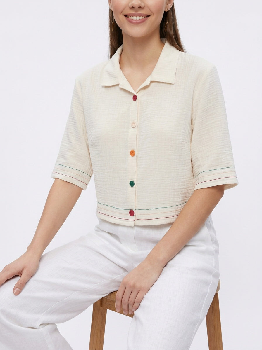 Folk Shirt | Cream Camp-Collar Rainbow Topstitch