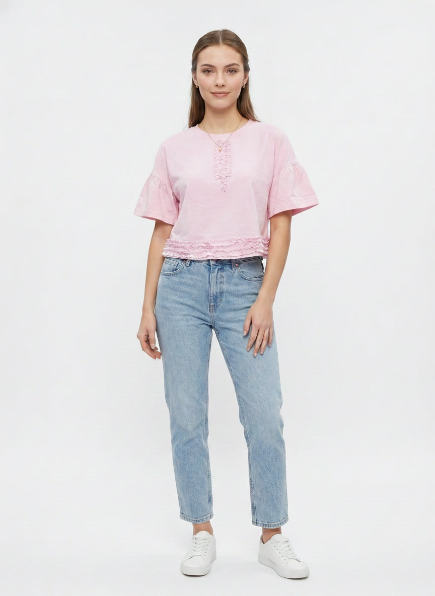 Posy Tee | Pink Ruffle Trim