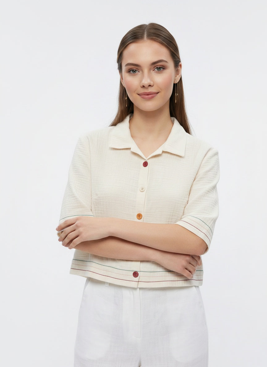 Folk Shirt | Cream Camp-Collar Rainbow Topstitch